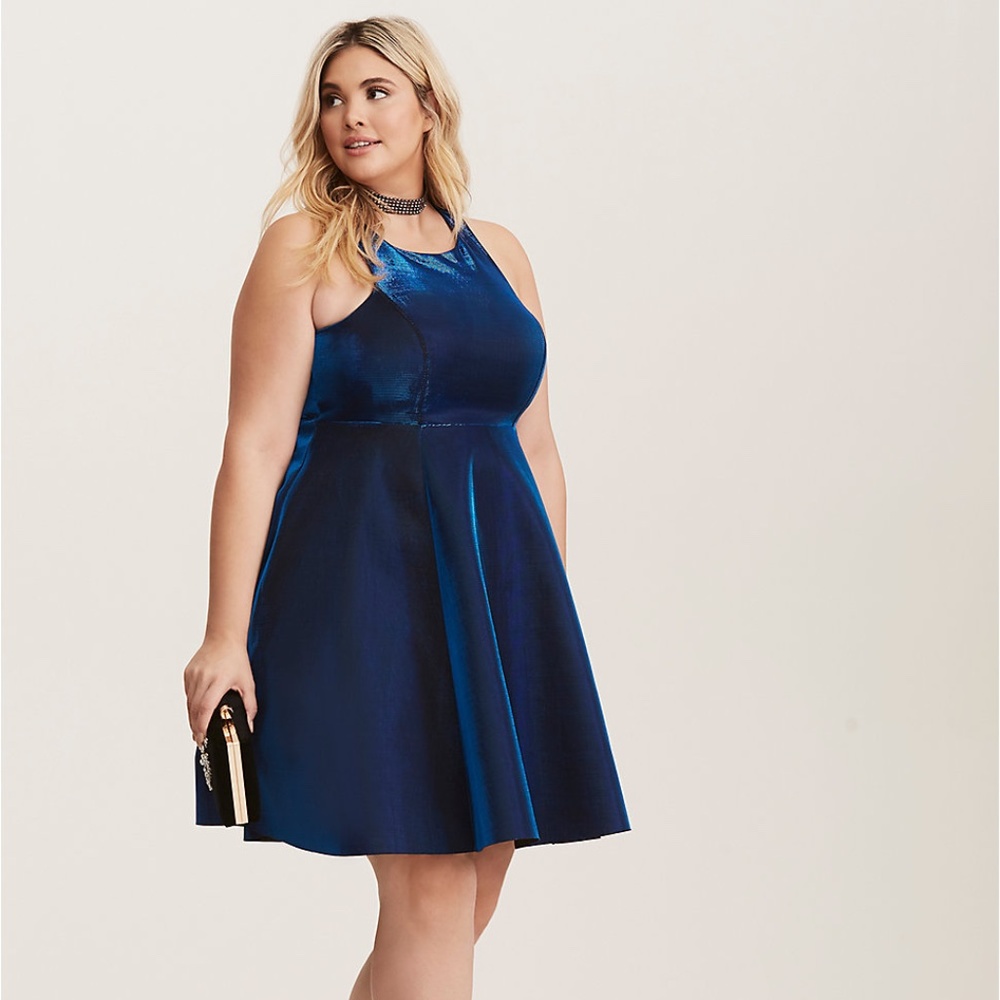 Torrid Blue Shiny Iridescent Racerback Skater Dress